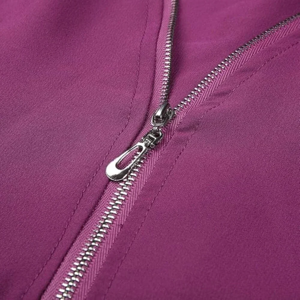 Ultra-Chic Purple V-Neck Blouse with Zip Detail & Roll-Up Sleeves Trendy 2XL